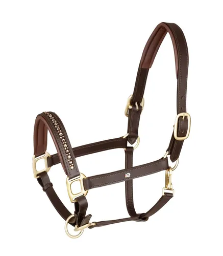 Waldhausen Braun/Gold VB Lederhalfter Crystal - Elegantes Lederhalfter mit funkelnden Kristallen, perfekt für stilvolle Pferde und höchste Ansprüche.
