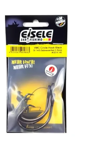 Eisele Sea-Fishing VMC Circle-Hook XXL, Salzwasserfest, 3 Stück, Schwarz, Größen 14/0 oder 16/0, Naturköderhaken, Heilbutthaken (14/0)