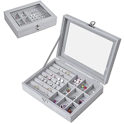 Schmuckkästen mit Glasdeckel, 9 Gitter Schmuckaufbewahrung Schmuckkoffer Damen Schmuckbox Reise, Beflockung Halskette Ohrringe Ring Schmuckschatulle, Transparente Aufbewahrungsbox für Schmuck, Grau