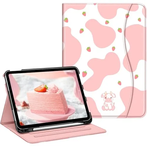 Fintie Hülle für iPad 11. Generation 11 Zoll 2025, iPad 10 Generation 10.9 Zoll 2022 - Multi-Winkel Folio Schutzhülle mit Stifthalter, Dokumentenfach und Auto Schlaf/Wach Funktion, Strawberry Cow