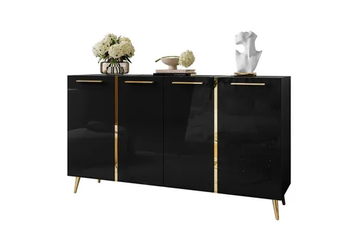 Schwarz hochglanz Kommode ONYX 4D mit goldenen Beinen