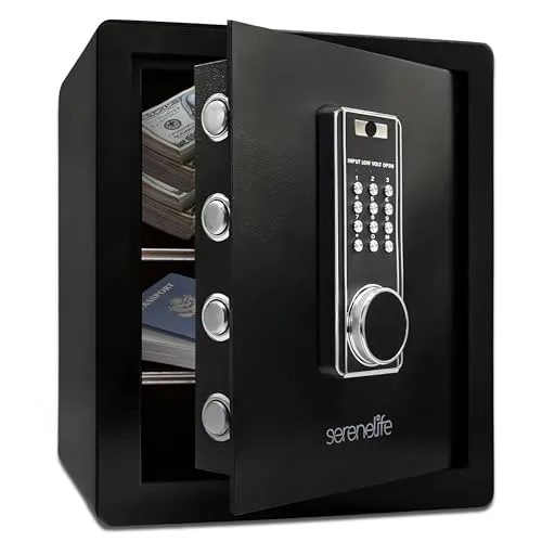 SereneLife Tresor 39L Elekr. Safe mit Zahlenschloss und Schlüssel, Stahlkonstruktion mit Alarmfunktion für Dokumente Schmuck Bargeld, Zuhause Büro 38x32x45 cm (B x T x H), Schwarz