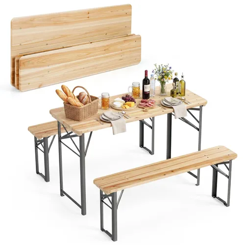 COSTWAY Bierzeltgarnitur klappbar, 3 tlg. Biertischgarnitur Holz, 2 Bierbänke & 1 Biertisch, Festzeltgarnitur, Biergartengarnitur, Gartentisch