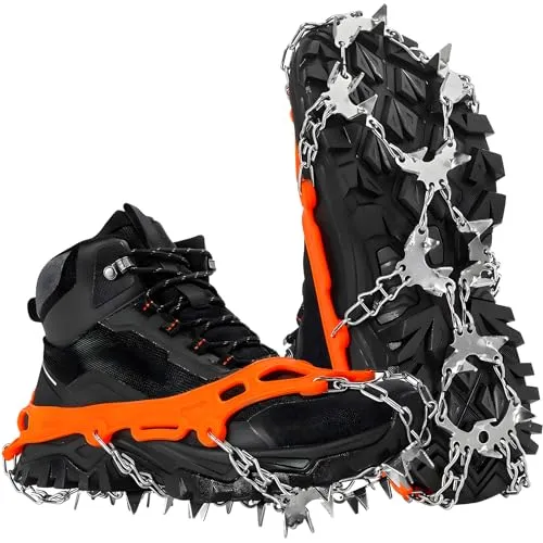 HOSLAFON Steigeisen für Schuhe, 32 Spikes, EIS- und Schneegriffe, Edelstahl-Traktionsstollen zum Gehen, Joggen, Klettern und Wandern
