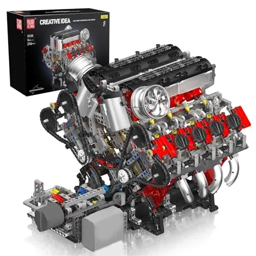 Mould King 10130 MOC Technik F488(V8) Achtzylinder-Motor Reihenbenzinmotor-Blockbausatz 3,9-Liter Doppelturbo-V8-Motor Technologie Klemmbausteine Bausatz Enthält Motor und Batteriekasten (2718 PCS+)