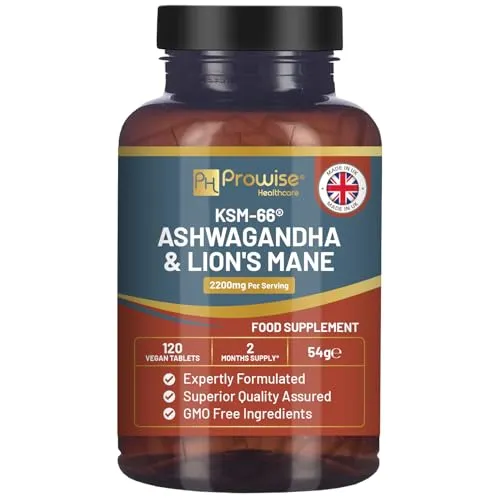 KSM-66 Ashwagandha- und Löwenmähne-Tabletten – Hohe Dosierung 2200 mg | KSM-66 Ashwagandha-Wurzelextrakt und Löwenmähne-Pilzextrakt – 120 vegane Tabletten mit schwarzem Pfeffer – Hergestellt in Großbr