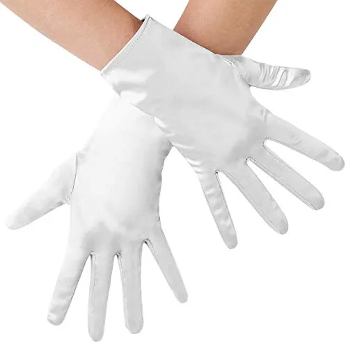dressforfun 901016 Damen Satin Handschuhe, kurze Satinhandschuhe für Kostüm Fasching Karneval Halloween Hochzeit Fest Party Opera 1920er Accessoires, 23 cm - diverse Farben - (weiß | Nr. 303657)