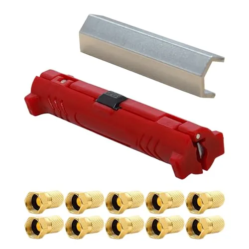 PremiumX SAT Montage-Set Abisolierer für Koaxialkabel + Aufdrehhilfe/Montageschlüssel 10x F-Stecker