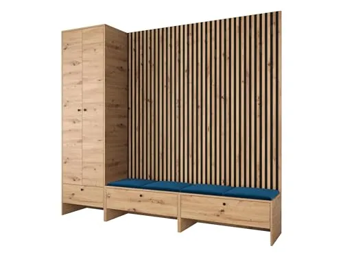 Mirjan24 Garderoben-Set Melire VI, Schuhschrank Kleiderschrank Lamellen Paneel mit 12 Kleiderhaken Gepolstertes Paneel/Wandpaneel Kleiderstange Wandgarderobe Flurgarderobe (Eiche Artisan, Manila 26)