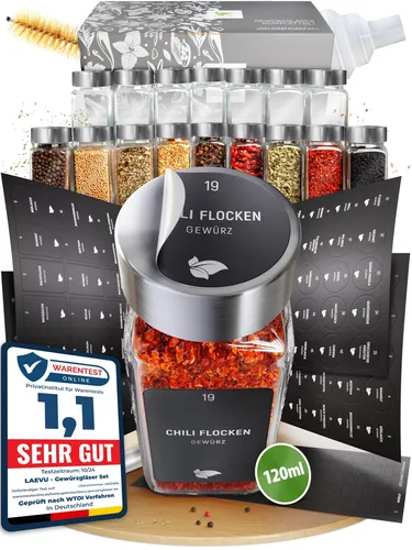 Gewürzgläser Set Eckig | 24 Stk. 120ml - 107 x 45 cm | mit 350 Gewürzetikette...