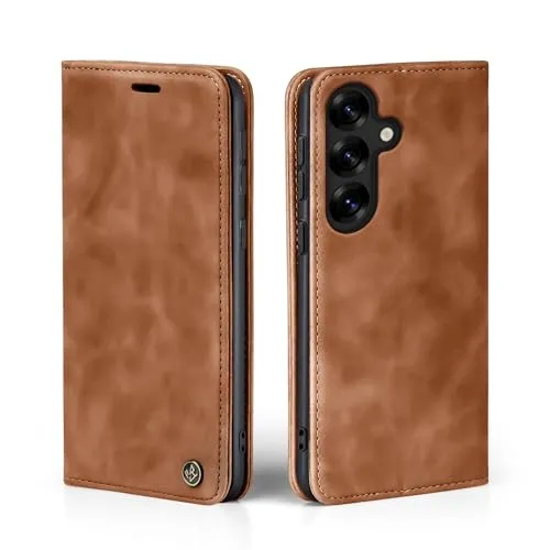 LBH Handyhülle für Samsung Galaxy S25 FE in Hellbraun mit Karten- und Geldfach Smartphone Hülle mit Standfunktion Flip Case Schutzhülle Magnetverschluss Vintage