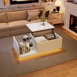 Couchtisch Weiß Aus Spanplatte Hochglanz 100 Cm Mit Höhenverstellbarer Platte, Stauraum Und App-led