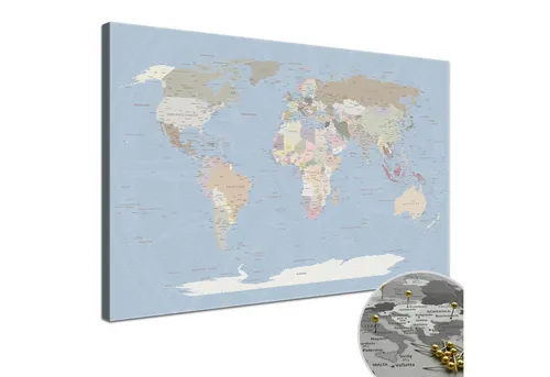 LANA KK Leinwandbild Weltkarte Pinnwand - Bilder mit deutscher Beschriftung, ideal zum Markieren von Reisezielen in stilvollem Ice Blue, Format 100 x 70 cm