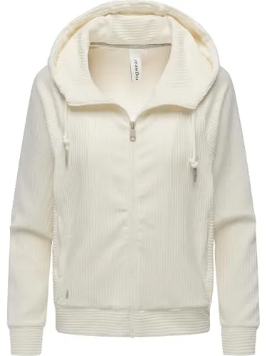 Ragwear Damen Cordjacke weiche Sweatjacke Zip-Hoodie Übergangsjacke aus weichem Kord in Samt-Haptik Corduly Cordy Ivory Gr. M