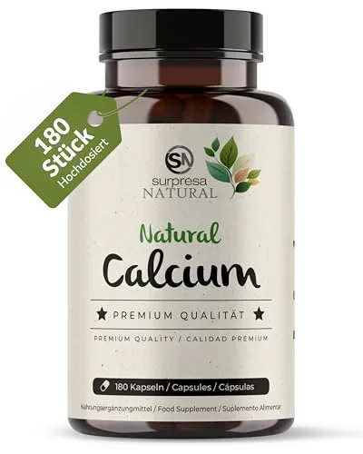 Surpresa Natural Calcium Kapseln hochdosiert I 180 Kapseln I 230 mg natürliches Kalzium pro Kapsel I natürliches, aus Algen gewonnenes Kalzium I Nahrungsergänzungsmittel vegan & laborgeprüft