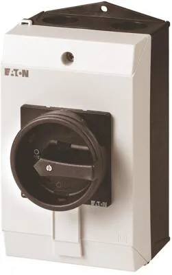 Eaton P1-25/I2/SVB-SW Hauptschalter - 3-poliger Hauptschalter mit 25 A und NEMA 12 Schutzart, ideal für sichere Elektroinstallationen. Mit HALT-Funktion und verriegelbarem Drehgriff.