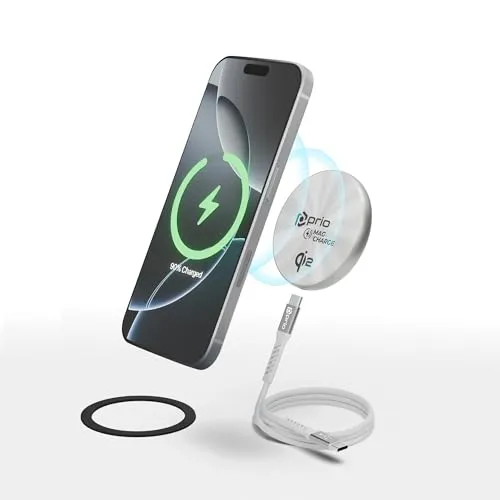 prio® 15W Magnetisches Kabelloses Ladegerät MAG (Qi2) | Wireless Charger mit USB C Anschluss | kompatibel mit iPhone 17–8 & Samsung S25–S20 | Schnell & sicher | Aluminium Design in Silber