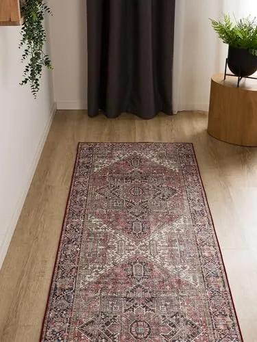 Interiyou Vintage Teppich Wohnzimmer Gent - 80x240 cm Multicolor/Beige - Für Schlafzimmer, Esszimmer, Kinderzimmer - Kurzflor waschbar und rutschfest, Print Muster