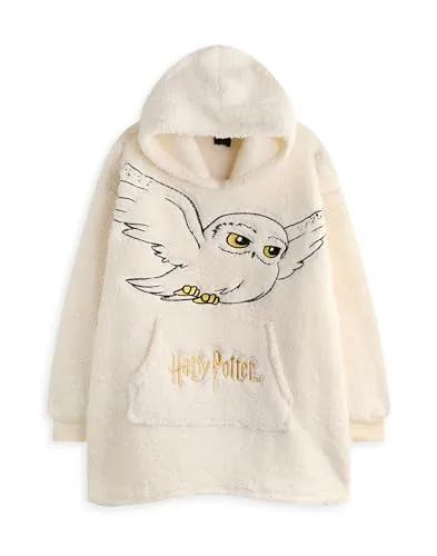 Harry Potter Damen tragbarer Decken-Hoodie | Beigefarbener Kapuzenpullover für Erwachsene mit Hedwig-Eule-Charakter-Stickerei | Einheitsgröße, Sherpa-gefütterte Loungewear mit Taschen