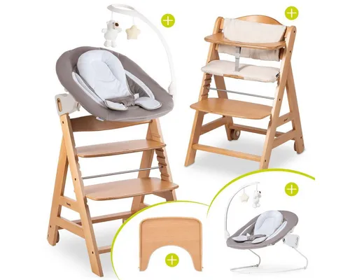 Hauck Hochstuhl Beta Plus Natur - Newborn Set Deluxe, Holz Babystuhl ab Geburt, Aufsatz für Neugeborene, Sitzkissen, Tisch