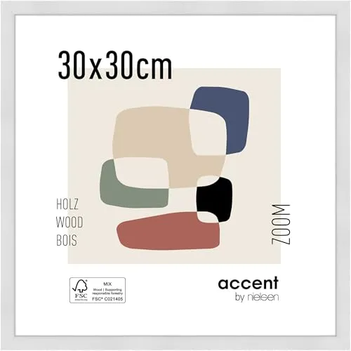 accent by nielsen Bilderrahmen, 30 x 30 cm, Holz, Weiß, Rahmen zum Aufhängen im Hoch- & Querformat, Echtglas, Zoom