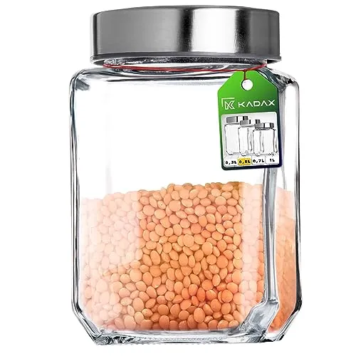 KADAX Vorratsglas, Glasbehälter mit Deckel aus Kunststoff, Lebensmittelbehälter aus Glas, Vorratsdose für Nudeln, Spaghetti, Gewürze, Einweckglas, transparent, luftdicht (500ML, grau)