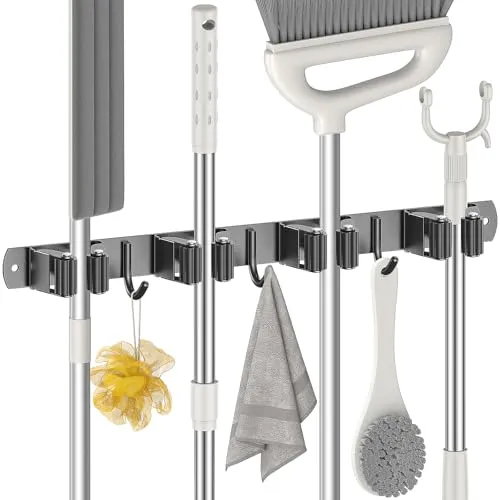 Radikor Besenhalterung Wand, Selbstklebender Besenhalter mit 4 Halter und 3 Haken, Edelstahl Gerätehalter Schraubbar, Gartengerätehalter Gartengeräte Halterung, Besen Mop Halter, Schwarz