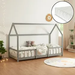 [en.casa] Kinderbett Sisimiut mit Matratze 90 x 200 cm - Sicher und gemütlich für kleine Abenteurer - Kleinkindbett mit Hausoptik und effektivem Rausfallschutz, inklusive allergikergeeigneter Kaltschaummatratze für erholsamen Schlaf.