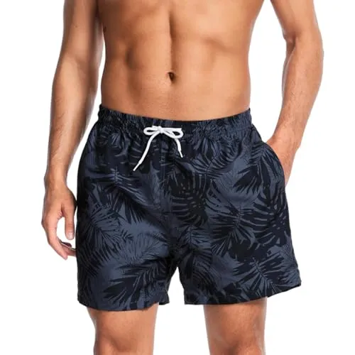AMZSPORT Badehose Herren Wasserabweisend Badeshorts Schwimmhose mit Mesh-Futter und Taschen, Schwarz Blatt XL