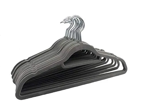 Matec 20er Set graue Samt Kleiderbügel rutschfest 45 cm breit schmal robust gut belastbar 360° drehbarer Haken für Mäntel Hemden und Anzüge.
