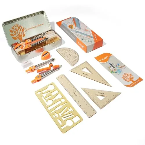 YPLUS Geometrie-Set für Schüler, Mathe Protraktor Kompass mit Linealen, Box Protraktor Kit für Klassenbedarf und Schule, 11 Pcs