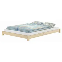 Niedriges Doppelbett Echtholzbett 140x200 Kiefer naturbelassen - Bodenliegendes Echtholzbett 140x200 cm aus unbehandeltem Kiefernholz. Ideal für niedrige Räume und minimalistisches Design. Robuste Bauweise und einfache Montage.
