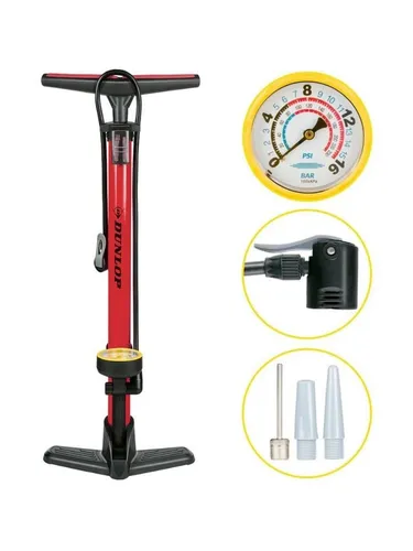 Dunlop - Floor pump for bikes balls mattresses with pressure gauge - Red