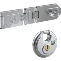 BASI Sicherheits-Stallriegel Set mit Vorhangschloss - Türriegel-Set mit korrosionsbeständiger Sicherheitsüberfalle aus glanzverzinktem Stahl und passendem Rundbügelschloss. Ideal für die sichere Verriegelung von Kisten und Kellerräumen.