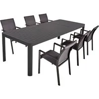 Tischgruppe AMIRA 08, 7-tlg. - Grau/Dunkelgrau - Gartenmöbel-Set mit ausziehbarem Tisch und 6 stapelbaren Stühlen, ideal für unvergessliche Momente im Freien. Robust und pflegeleicht aus pulverbeschichtetem Aluminium und Kunststoffgewebe.