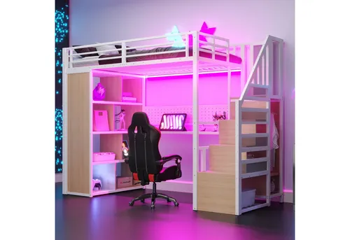Redom Hochbett Weiß, Metall 90x200 cm für Kinder- & Jugendzimmer - Modernes Hochbett mit integriertem Schreibtisch und Stauraumtreppe. Ideal für kreative Räume, bietet es praktische Lösungen und eine freundliche Optik. Robuste Metallkonstruktion für langlebige Nutzung.