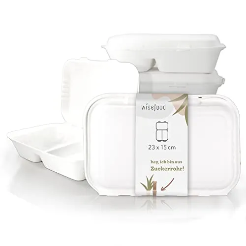 wisefood Zuckerrohr Einweg Schalen - 50 Stück Bagasse Menüboxen weiß 850ml - 2 Kammern Lunchboxen mit Klappdeckel für Takeaway - Biologisch abbaubares Zuckerrohr Geschirr ohne PLA/PE 25x16,5x6,5 cm