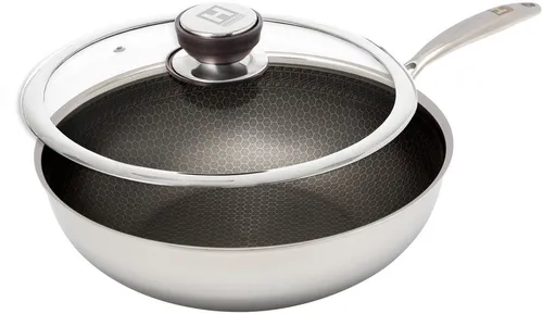 HENSSLERS Edelstahl Wok mit Glasdeckel, Ø 28 cm – Hochwertige Wokpfanne
