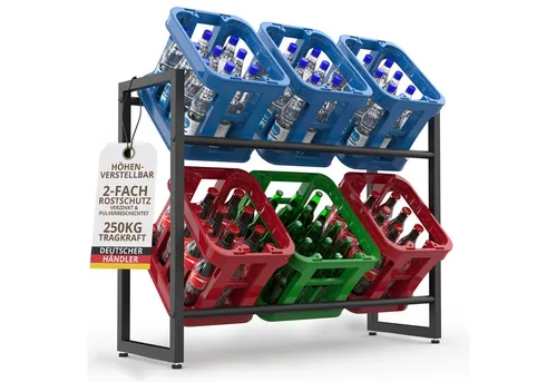 Getränkekistenregal 6 Kisten - Höhenverstellbar und Schwerlast - Regale & Aufbewahrung: Stabiler Getränkekistenständer mit einer maximalen Gewichtskapazität von 250 kg, ideal für die optimale Lagerung Ihrer Getränkekisten.