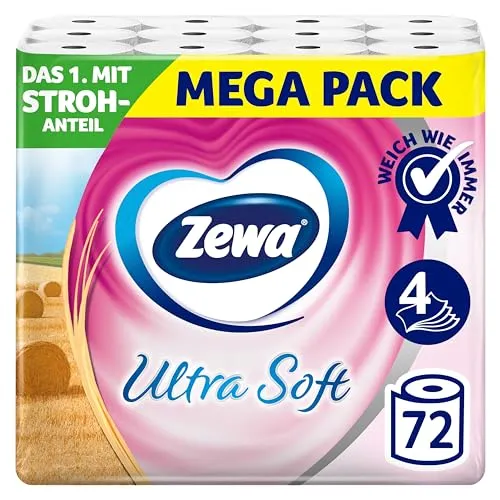 ZEWA Ultra Soft Toilettenpapier - Sanft zur Haut - Toilettenpapier mit 4 extra weichen Lagen, ideal für sanfte Pflege und Reinigung. Hergestellt mit umweltfreundlichem Stroh-Zellstoff für eine ressourcenschonende Wahl.