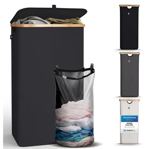 HENNEZ Wäschekorb mit Griff aus Bambus, 100 l – Dunkelgrau - Wäschekorb mit Deckel aus robustem Bambus, ideal für stilvolle Aufbewahrung und Ordnung im Haushalt. Perfekt für große Wäschemengen.