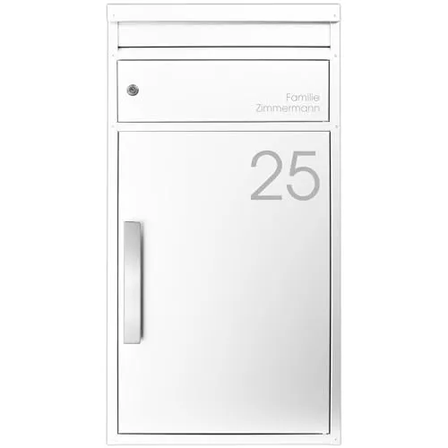 SafePost Paketbriefkasten Weiss personaliert groß Standbriefkasten 65M Paketbox mit Briefkasten massiv Paketkasten XXL wetterfest rostfrei freistehend Paketstation Paketfach geräumig RAL 9010