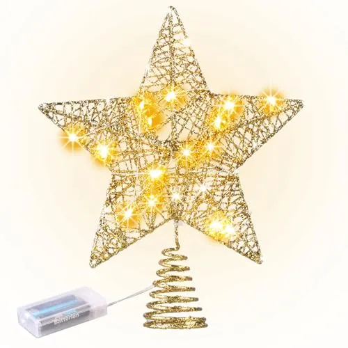 Luminea Weihnachtsbaumsterne: Weihnachtsbaumspitze Stern mit 20 LEDs, Ø 25 cm, golden, Glitzereffekt (Weihnachtsbaumbeleuchtung LED, Weihnachtsbaumstar)