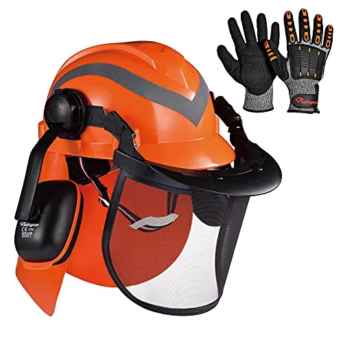 SAFEYEAR Pro Forst-Kettensägen-Schutzhelm mit verstellbaren 27SNR-Ohrenschützern und Mesh-Visier. EN397Schutzhelm, kostenlose Anti-Aufprall-Handschuhe für Kettensägen, Forstarbeiten und Landschaftsbau
