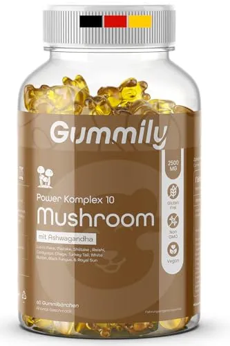 Gummily 10 Mushroom Gummibärchen - 2500mg Vitalpilz-Mix mit Ashwagandha - Lion's Mane, Reishi, Cordyceps & Chaga - Vegan, Glutenfrei & Ohne Gentechnik - Ananas Geschmack - 60 Stück
