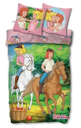 Skybrands Baumwoll-Bettwäsche Bibi & Tina 135 x 200cm+80x80 cm - Bettwäsche-Set mit Bibi und Tina Motiv, aus 100% atmungsaktiver Baumwolle, pflegeleicht und ideal für kleine Pferdefans. Perfektes Geschenk für Kinderzimmer!