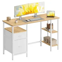 VASAGLE Schreibtisch mit 3 Ablagen und 2 Schubladen – Modern und Funktional, Eichenfarben-Weiß - Ideal für Homeoffice und Büro: Der elegante Schreibtisch bietet viel Stauraum mit flexiblen Montagemöglichkeiten. Robust und stabil, sorgt er für eine angenehme Arbeitsumgebung. Einfacher Aufbau garantiert!