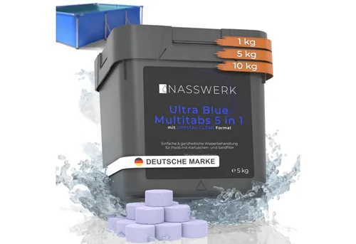 Nasswerk® Chlortabletten Multitabs 5-in-1 für Pool & Whirlpool – Chlorpflege komplett, Ultra Blue Multitabs 20g 5kg – Whirlpool & Pool Hygiene pur