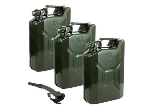 Holmwerk 3x Kraftstoffkanister - UN-zugelassene Metallkanister für Benzin & Diesel - Benzinkanister mit breitem Entlüftungskanal für schnelle Leerung, auslaufsicherem Verschluss und UN-Zulassung. Ideal für Benzin, Diesel und Maschinenöl. 3 Kanister inklusive Ausgießer im Olivgrün RAL6003.