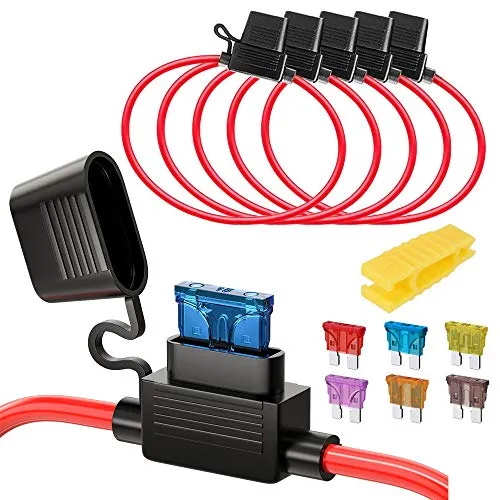 Gebildet 5pcs 16AWG Sicherungshalter mit Draht für KFZ LKW, 32V 20A Inline Flachsicherung Wasserdicht Halter, mit 6-teiligen Standard Mittel Flachsicherungen (3A /5A /7.5A /10A /15A /20A)